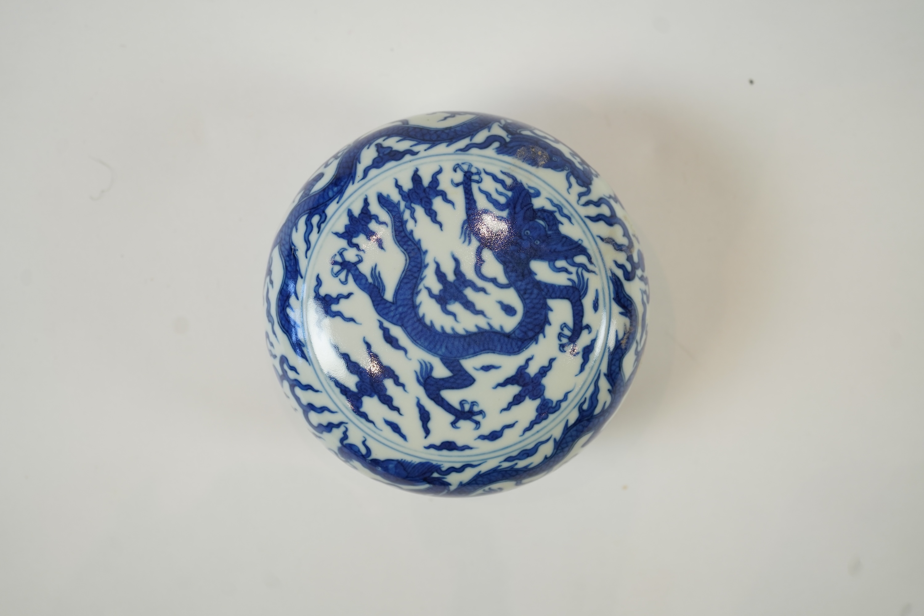 A Chinese blue and white ‘dragon’ box and cover, Jiajing six character mark, 19th century